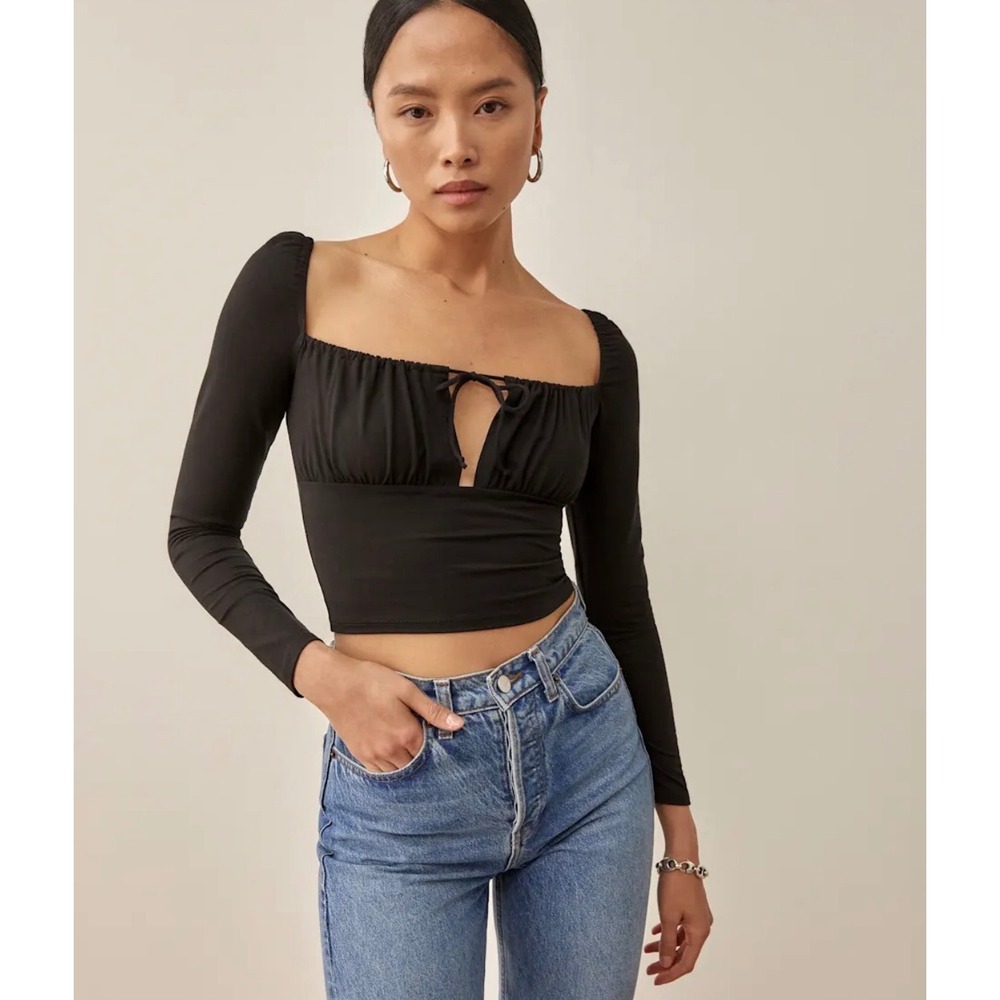 Reformation Samuel Knit Top Black Long Sleeve Square Neck Milkmaid Top Small
